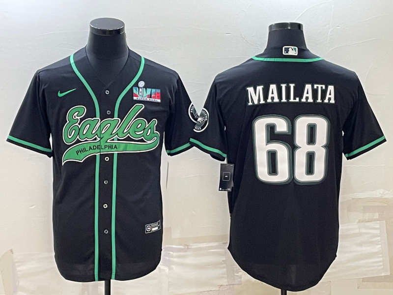 Men's Philadelphia Eagles #68 Jordan Mailata Black With Super Bowl LVII Patch Cool Base Stitched Baseball Jersey Men's Philadelphia Eagles #68 Jordan Mailata Black With Super Bowl LVII Patch Cool Base Stitched Baseball Jersey